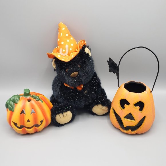 Halloween Decor Lot Plush Bear and 2 Pumpkin Tealight Holders 3-piece Set Clean - Picture 1 of 14